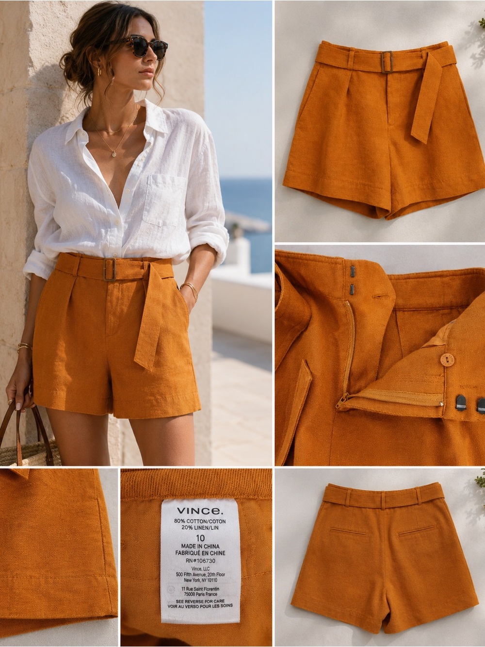 Vince Belted Linen Blend High Rise Shorts Ochre Camel Size 10